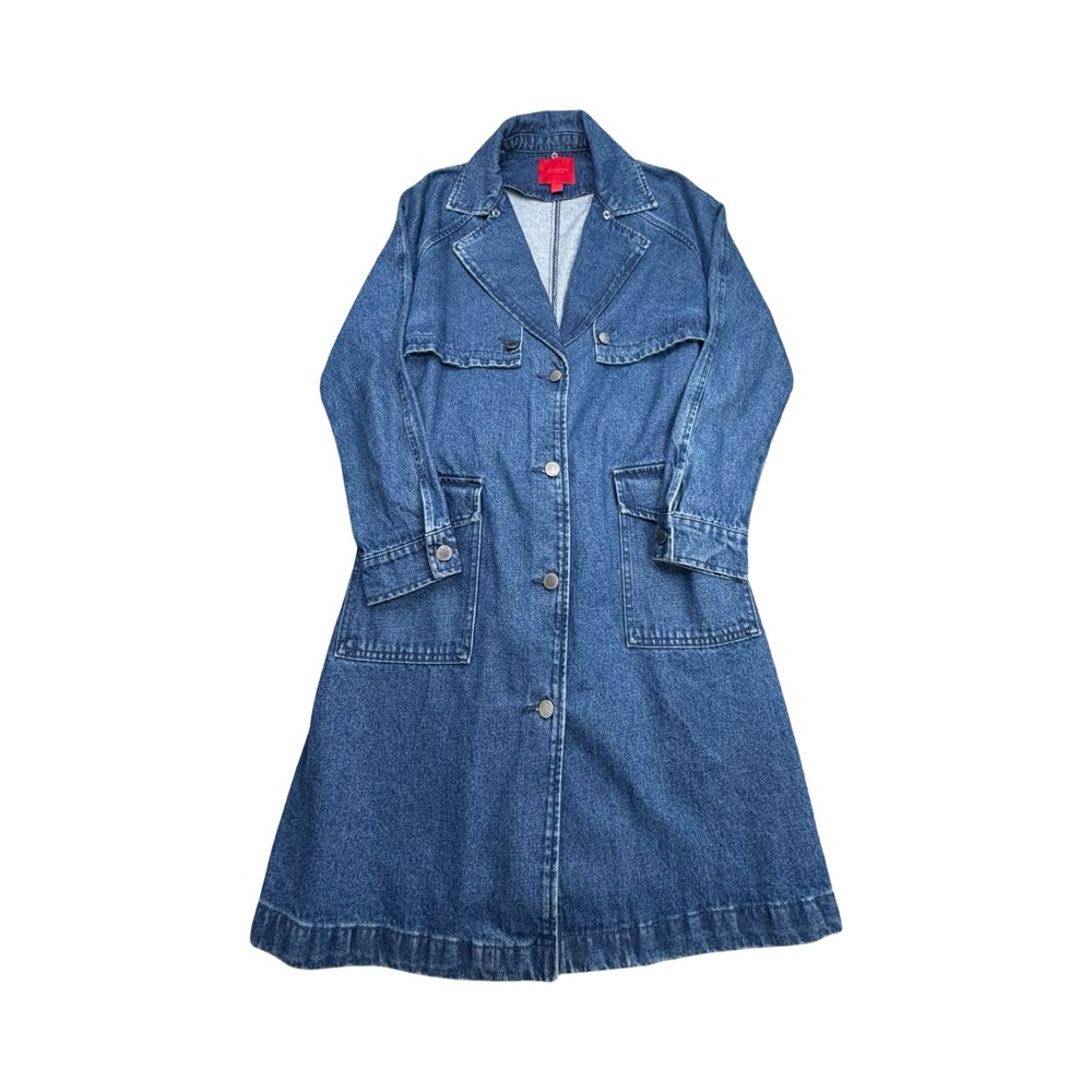 Jennifer Lopez Denim Trench Coat Womens S Blue Longline Belted Utility Jacket
